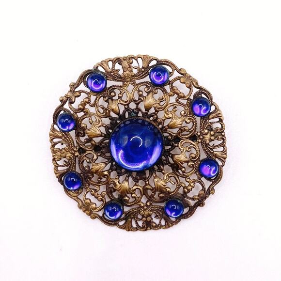 Blue Czech Glass Art Nouveau large Brooch - Picture 6 of 6